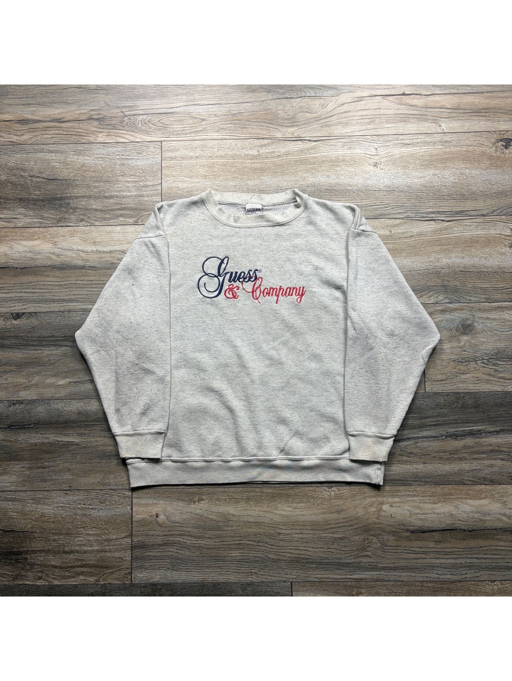 90’s Guess Jean company logo crewneck, stains and pilling, size M